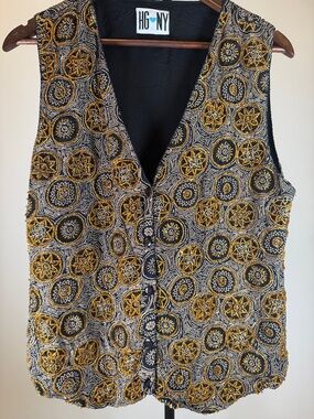 VTG HG NY Women's Embroidered Beaded Vest in Black and Gold | Size M